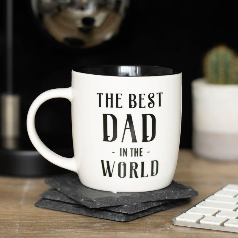 Ceramic mug with "Best Dad in the World" design, perfect for gifting on Father's Day or birthdays.