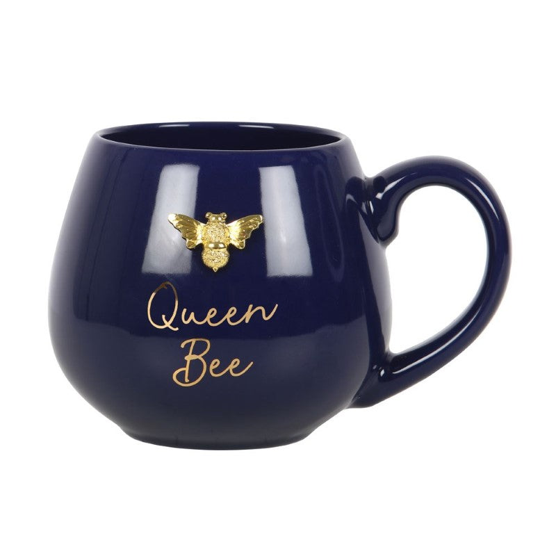 Navy blue Round Queen Bee Mug with a bee design and gold-effect "Queen Bee" lettering, perfect for stylish sipping.