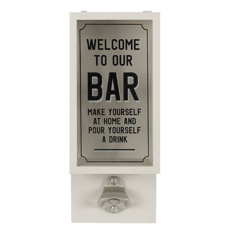 Garden Bar Bottle Opener plaque with metal opener, stylish design, and inviting message for outdoor entertaining.