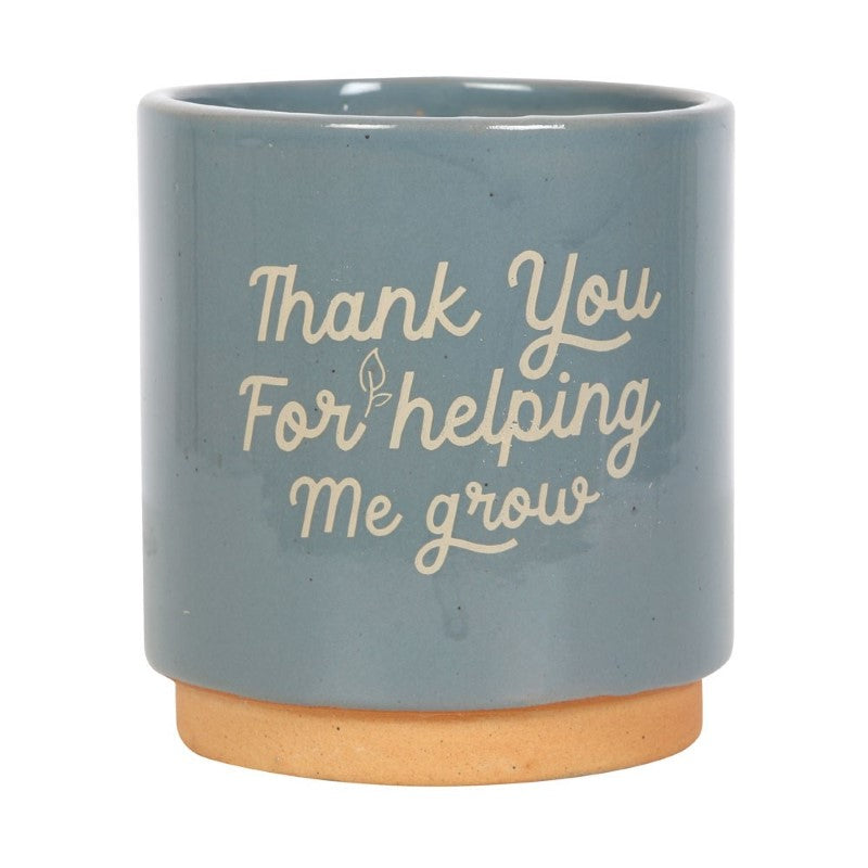 Blue earthenware plant pot with "Thank You For Helping Me Grow" text, perfect for small indoor plants and home decor.