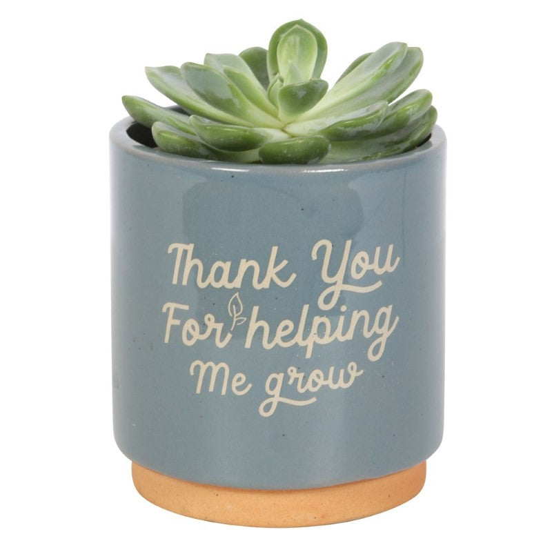 Blue earthenware plant pot with "Thank You For Helping Me Grow" text on vibrant green glaze, perfect for small indoor plants.