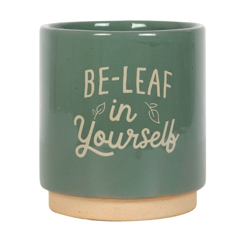 Green earthenware plant pot with motivational text and glaze, perfect for home decor and gifting to plant lovers.