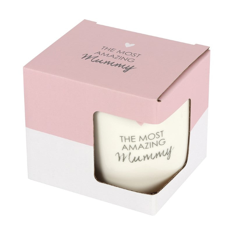 Ceramic mug with "The Most Amazing Mummy" message and pink heart, perfect for gifts and everyday use.