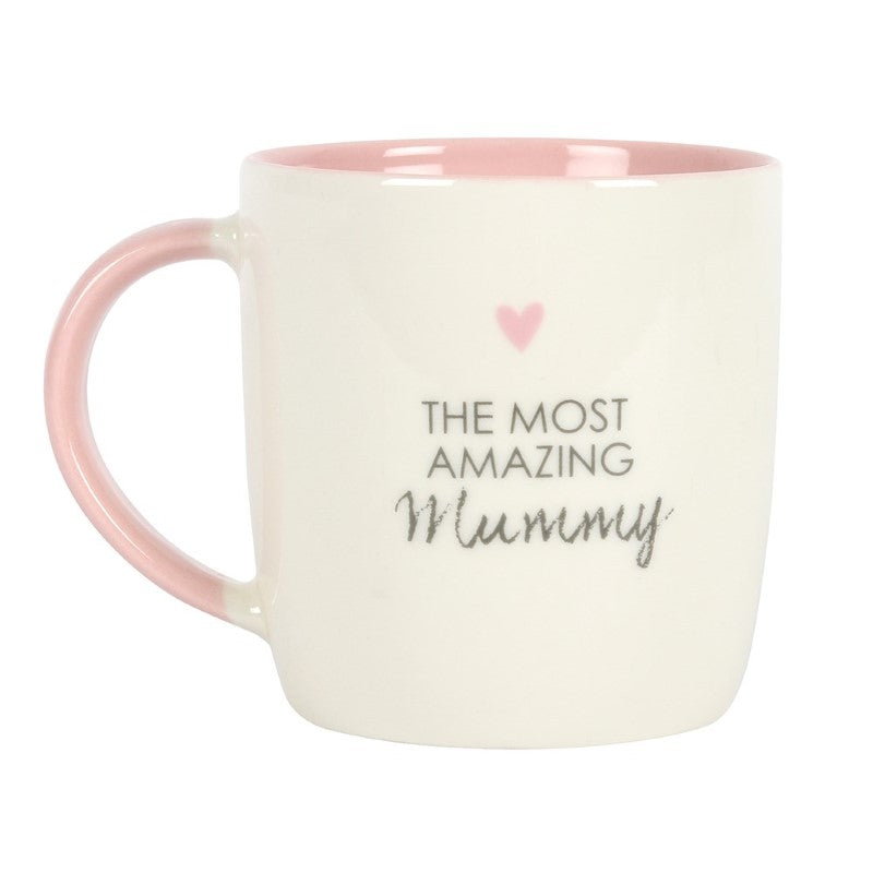Ceramic mug with 'The Most Amazing Mummy' message and pink heart, perfect gift for mums, dishwasher and microwave safe.