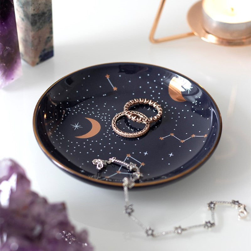 Elegant bone china trinket dish with celestial star and constellation pattern, perfect for jewelry and small treasures.