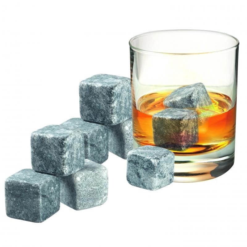 Whisky Rocks Set featuring 9 soapstone cubes, velvet pouch, elegant gift box, perfect for chilling drinks without dilution.