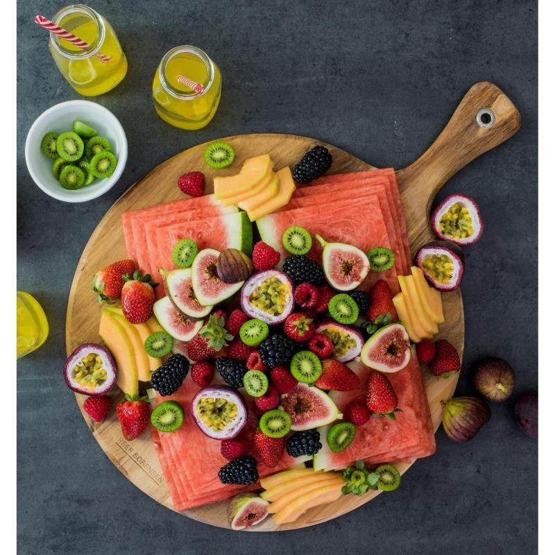 Acacia Round Serving Board showcasing premium wood grain, reversible design, perfect for elegant appetizer presentations.