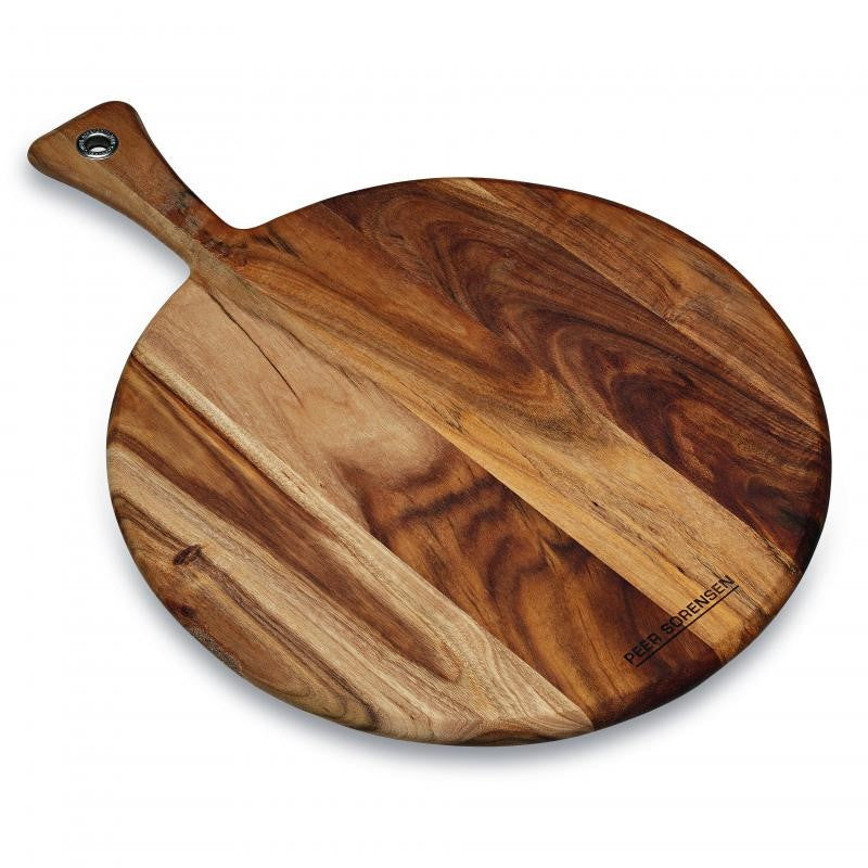 Acacia Round Serving Board with rich grain, rounded edges, reversible design for elegant serving and presentation.