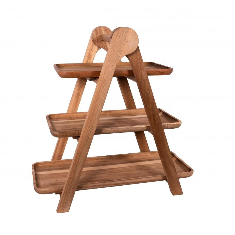 3 tiered serving ladder made of sustainable acacia wood, ideal for displaying appetizers and easy storage.