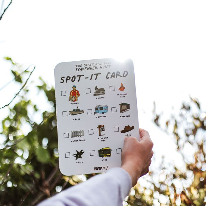 Vibrant Kiwi Kids Scavenger Hunt Game in a stylish tin, featuring erasable cards for outdoor exploration fun.