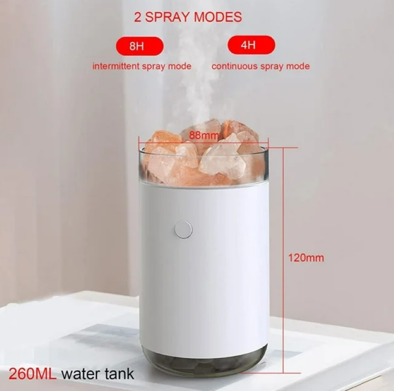 Aromatherapy diffuser with Himalayan salt crystals, featuring LED lights, humidification, and essential oil diffusion in a sleek design.