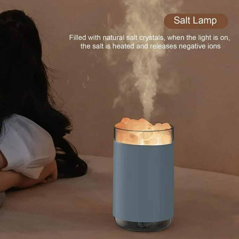 Aromatherapy diffuser with Himalayan salt crystals, featuring LED lights, humidification, and essential oil diffusion.