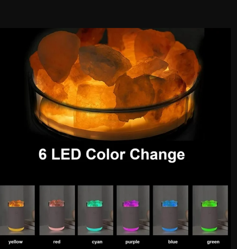 Aromatherapy diffuser with Himalayan salt crystals, featuring LED lights, air purification, and essential oil diffusion.