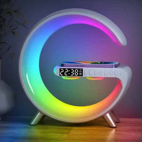 9-in-1 Wireless Phone Charger Night Lamp with dual alarm, Bluetooth speaker, RGB light, and 15W fast charging.