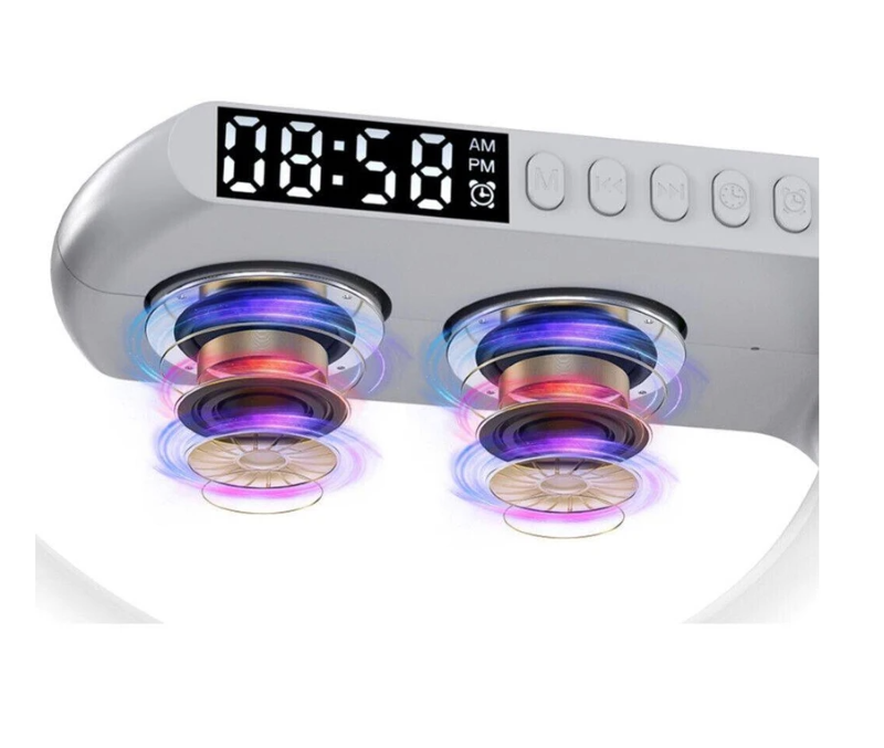 9-in-1 Wireless Phone Charger Night Lamp with dual alarm, Bluetooth speaker, and customizable RGB light modes.