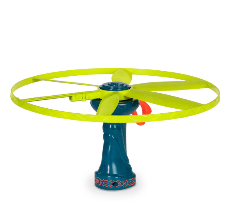 Colorful Skyrocopter toy with light-up disc and ergonomic launcher, perfect for outdoor play and nighttime fun.
