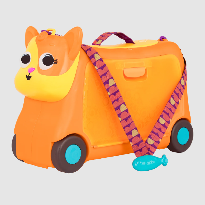 Kids' ride-on suitcase with spacious storage, fun design, and sound effects, perfect for travel and play.