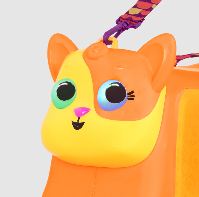 Colorful ride-on suitcase for kids, featuring spacious storage, elastic straps, and fun design with sound effects.