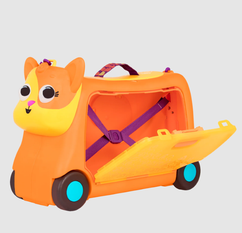 Colorful ride-on suitcase for kids, designed for travel and play, featuring storage, fun sounds, and a friendly fish design.