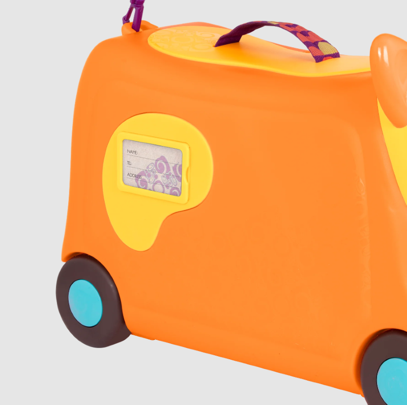 Ride-on suitcase for kids with storage, cute fish handle, and engaging design for fun travel adventures.
