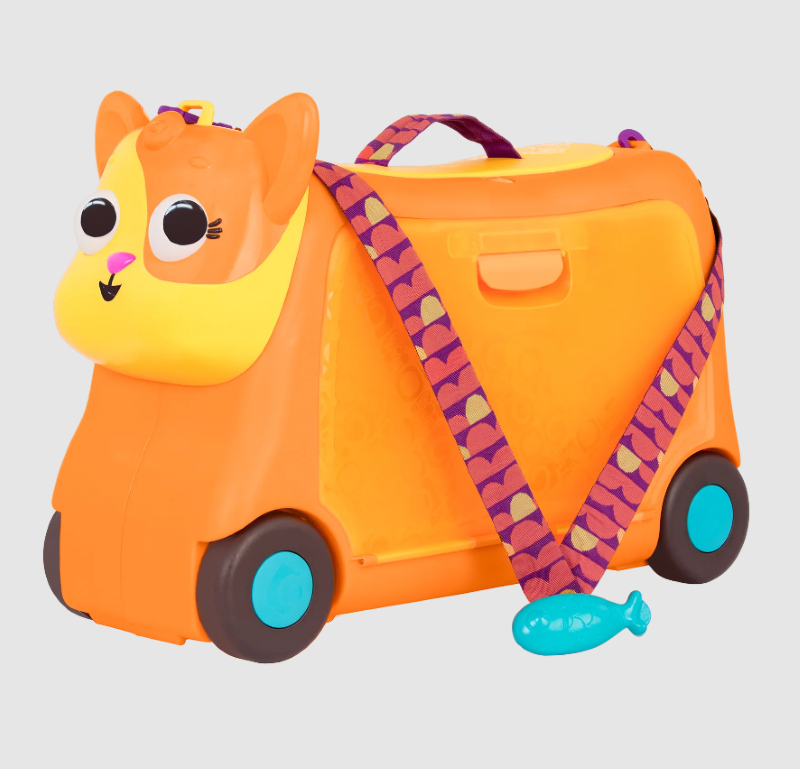 Colorful ride-on suitcase for kids with playful design, spacious storage, and sound effects for fun travel experiences.