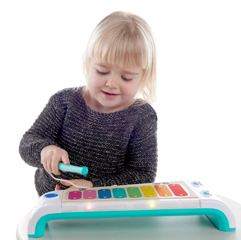Colorful wooden xylophone for babies, featuring touch activation, 30+ melodies, and two play modes for skill development.