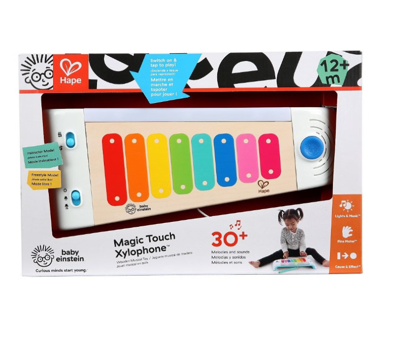 Wooden Baby Einstein xylophone with Magic Touch technology, 30 melodies, and two play modes for children ages 12 months and up.