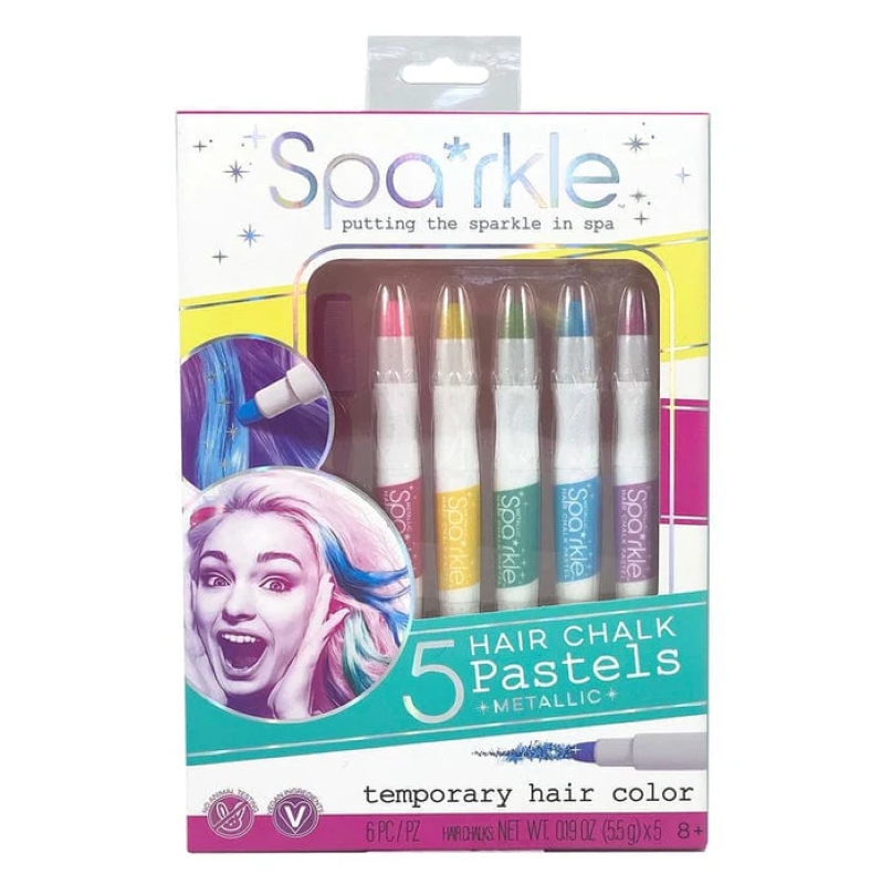 Vibrant pastel hair chalk set for temporary color and sparkle, includes comb and five metallic shades for customizable styles.