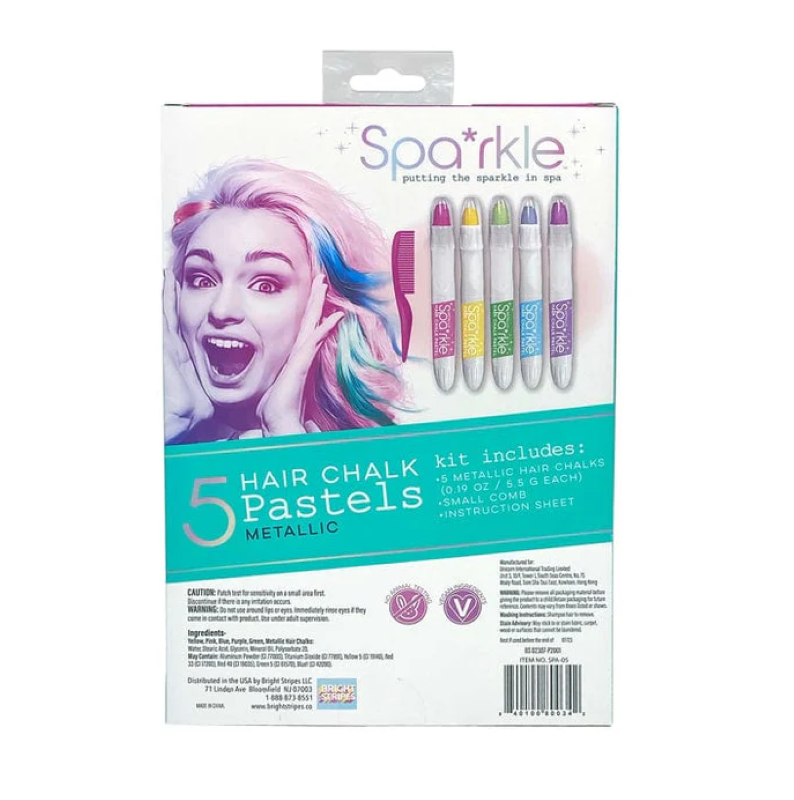 Colorful Hair Chalk Glitter Pastels set with 5 metallic shades and comb for easy application and temporary vibrant hairstyles.