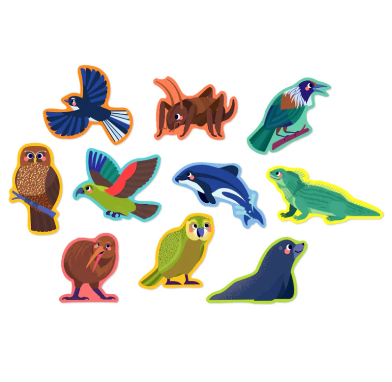 Colorful canister containing 10 two-piece animal puzzles, perfect for toddlers to explore New Zealand's wildlife.