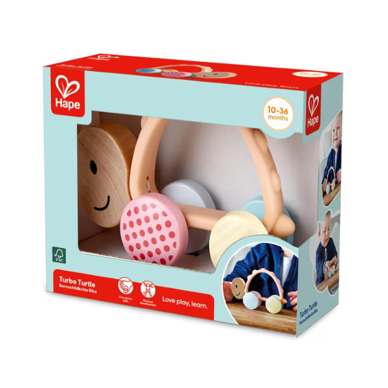 Colorful Wooden Turbo Turtle toy with patterned wheels and silicone handle for toddlers' interactive play and motor skill development.