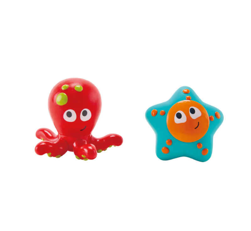 Vibrant ocean-themed bath toys featuring an octopus and starfish, designed for fun bath time squirting and imaginative play.