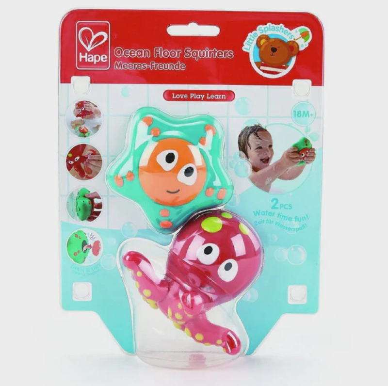 Colorful ocean squirters featuring an octopus and starfish, designed for fun bath adventures and skill development for toddlers.