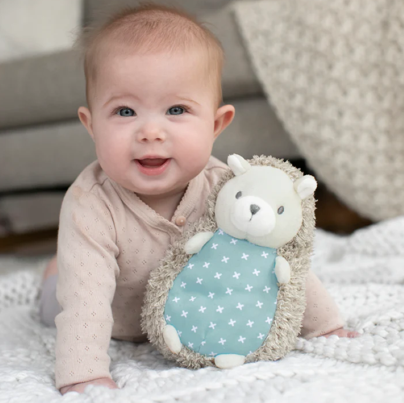 Plush hedgehog squeak toy designed for infants, easy to grasp, perfect for cuddles and on-the-go comfort.
