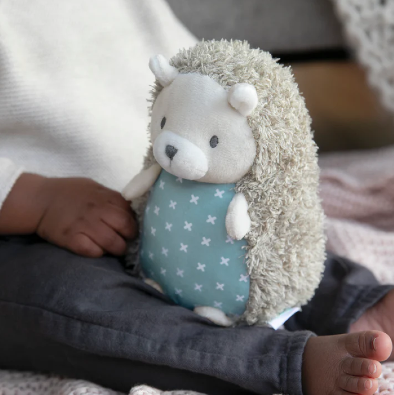 Plush hedgehog squeak toy designed for infants, perfect for cuddles and soothing sounds on the go.