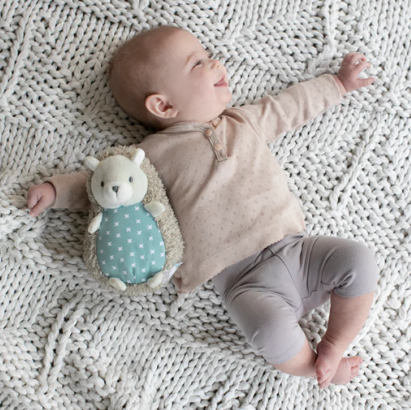 Plush hedgehog squeak toy for infants, cuddly and easy to grasp, perfect for on-the-go comfort and surprises.