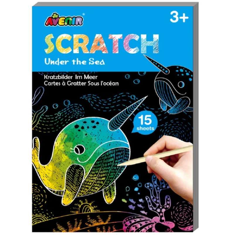 Scratch Book Under the Sea features 15 scratch pages with ocean themes, perfect for creative fun and artistic exploration.