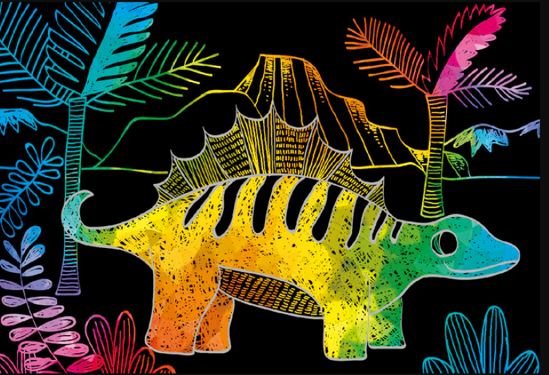 Scratch Book Dinosaurs featuring 15 scratch pages and a tool, perfect for portable creative fun for young dino fans.