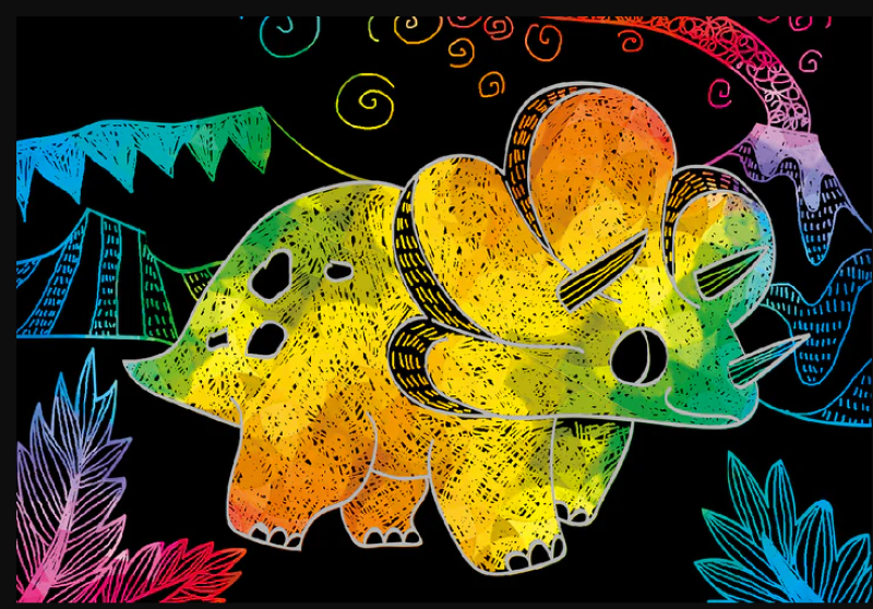 Colorful scratch book featuring 15 dinosaur-themed pages and a scratching tool for creative kids. Perfect portable gift!