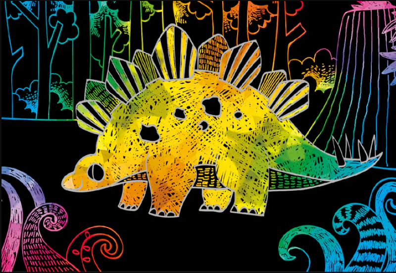 Colorful Scratch Book featuring dinosaurs, 15 pages, includes scratching tool, compact size for creative fun on the go.