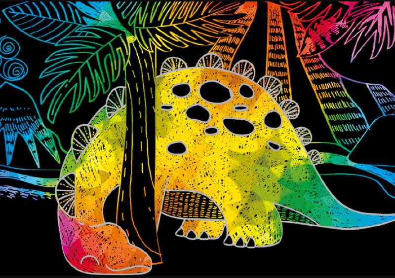 Scratch Book Dinosaurs featuring 15 scratch pages and a tool for kids to unleash their creativity and explore vibrant designs.