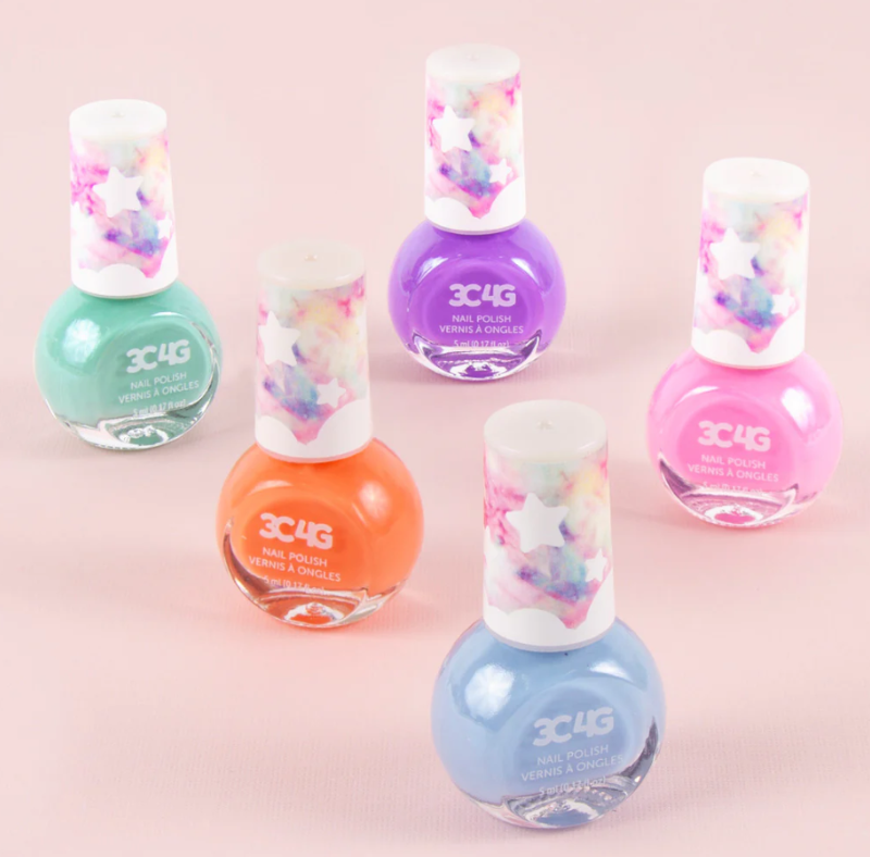 Colorful set of 5 pastel nail polishes for kids, safe and easy to apply, perfect for creative expression and gifting.
