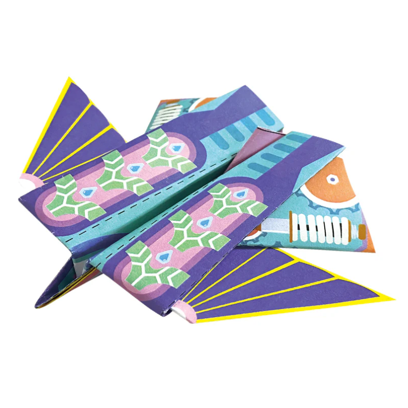 Colorful origami paper planes kit for kids, featuring double-sided sheets and a giant airport poster for creative play.