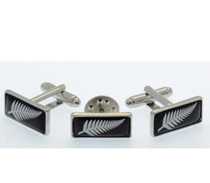 Elegant Fern Cufflinks and Lapel Pin Set featuring a silver fern design, ideal for celebrating New Zealand heritage.