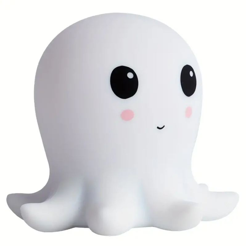 Soft Touch Silicone Octopus Night Light in seven colors, perfect for creating a soothing bedtime atmosphere for kids.