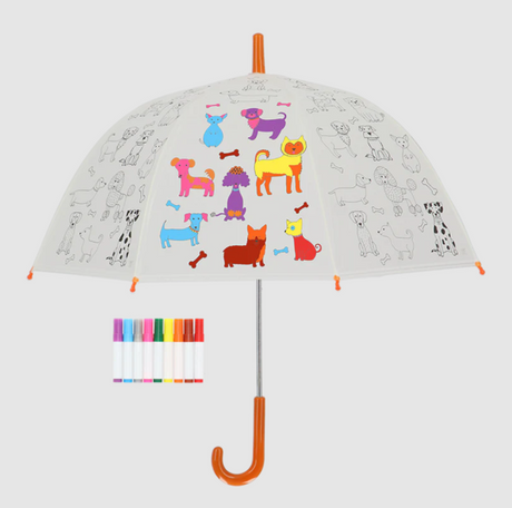 DIY Kids Umbrella with vibrant coloring options, featuring customizable design for kids' artistic expression on rainy days.