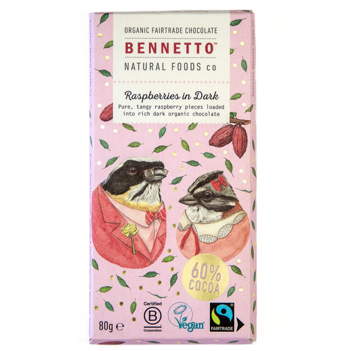 Bennetto Chocolate Raspberry Dark Choc 80g (Vegan & GF)