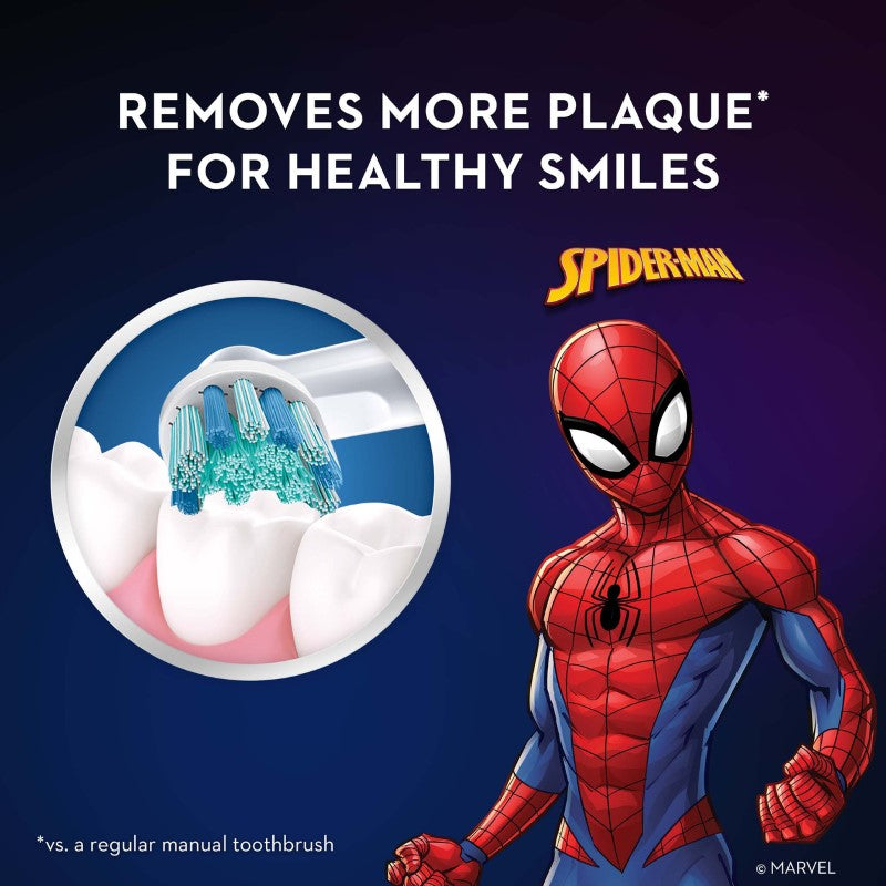 Spiderman Kids Electric Toothbrush for ages 3+, featuring soft bristles and a fun timer app for better dental hygiene.