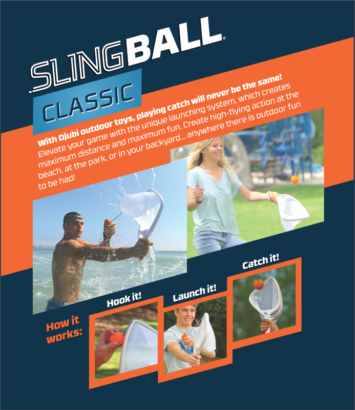 Players using Djubi's SlingBall Game, featuring colorful rackets and balls for outdoor catch fun.