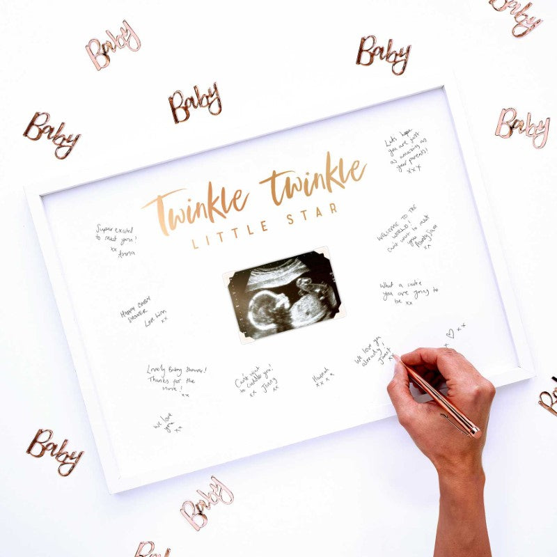 Elegant Baby Scan Frame for displaying a cherished photo and guest messages, perfect for baby showers and nursery decor.